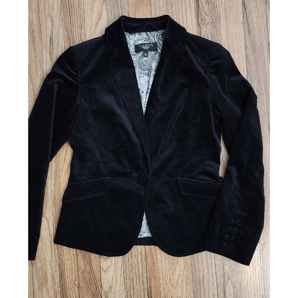 Talbots Velvet Blazer Jacket Women 0 0p Petites Black Cotton Single Vent Formal - Picture 2 of 10